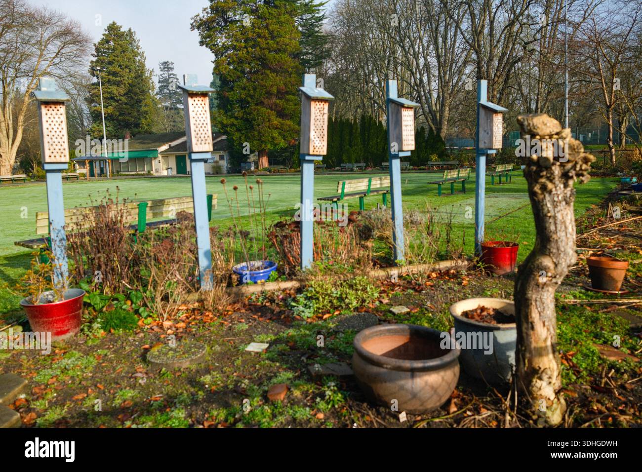 Una fila di mangiatoie a Stanley Park, Vancouver, British Columbia. Foto Stock