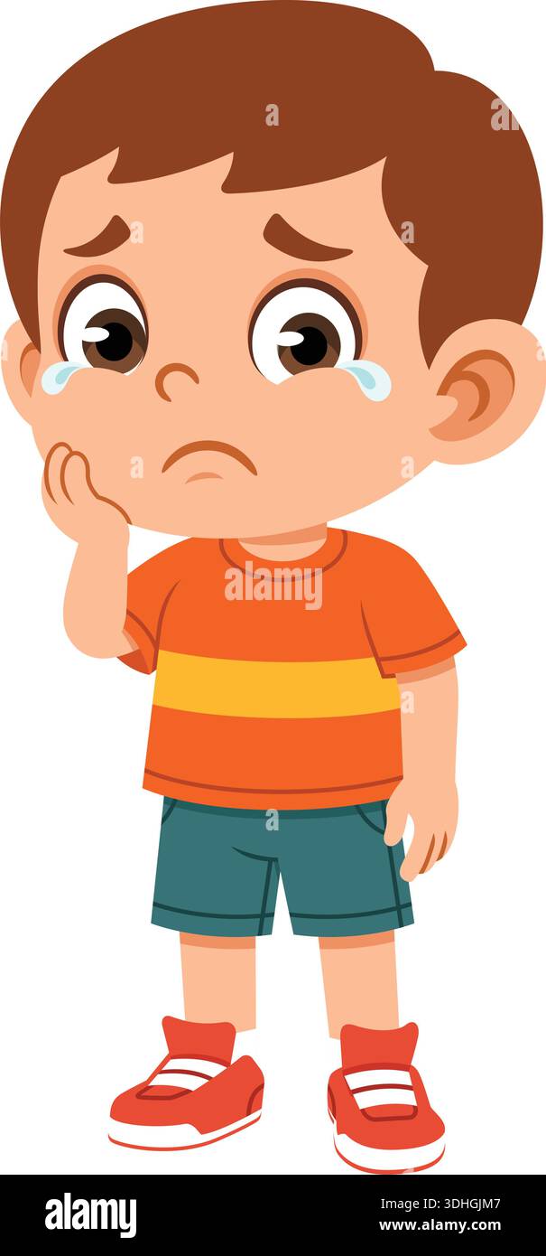 Illustrazione dal design piatto di un ragazzo triste che tiene la guancia con un'espressione delusa. Illustrazione Vettoriale