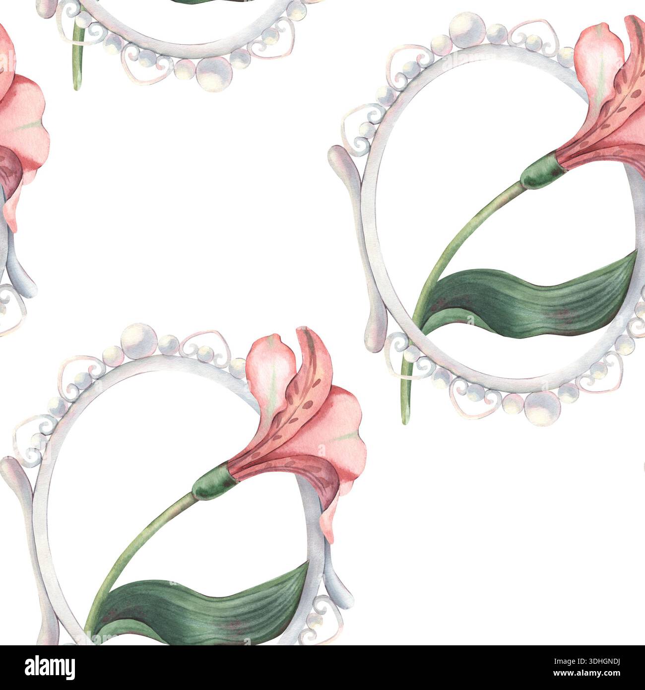 Motivo senza cuciture, montatura ovale in perla vintage, alstroemeria. Illustrazione ad acquerello dipinta a mano isolata su bianco per tessuti, imballaggi, cancelleria Foto Stock