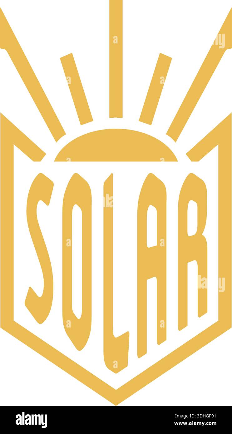 Etichetta a forma di scudo con un motivo Sunburst e audaci scritte solari in oro e bianco Illustrazione Vettoriale