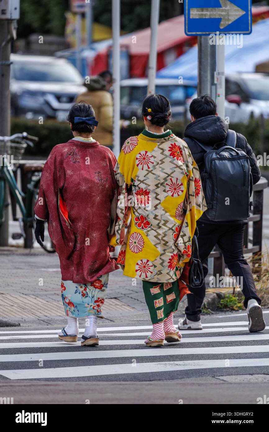 Due giovani donne in furisode kimono con combinazioni di colori contemporanee e motivi di design accattivanti camminano insieme durante il capodanno giapponese. Foto Stock
