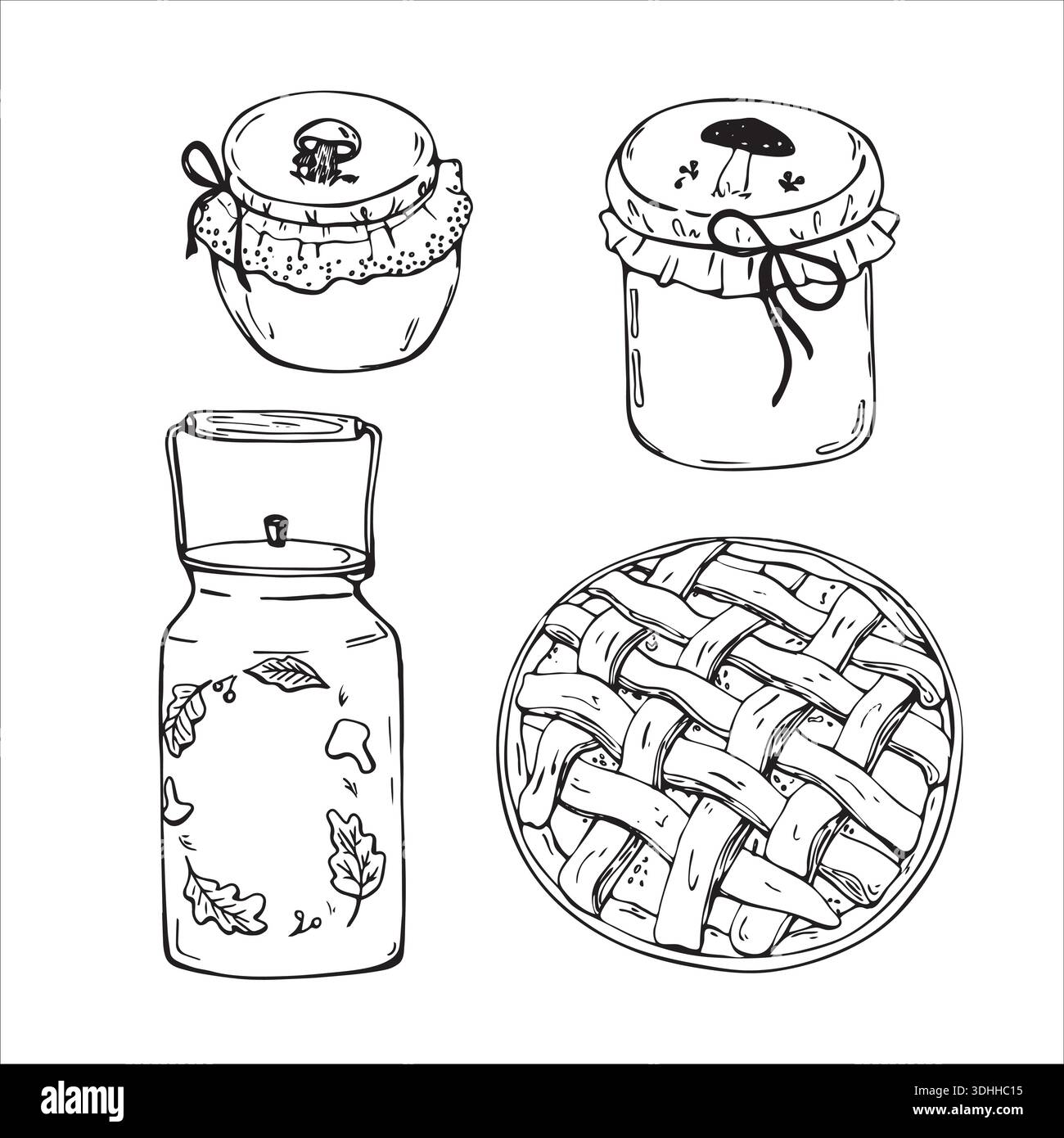 Vasetto con marmellata fatta in casa, torta e lattina in stile doodle Illustrazione Vettoriale