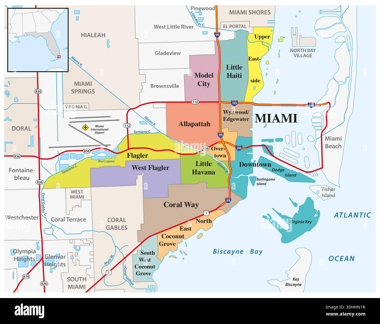 Mappa amministrativa attuale della città di Miami, Florida, Stati Uniti Foto Stock