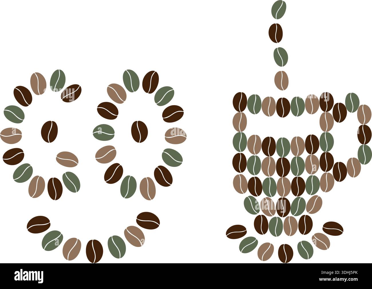 Bel sorriso e tazza da caffè con piattino e vapore in fagioli di caffè multicolor. Illustrazione vettoriale isolata icona adesivo logo carte motivazionali o elementi di design Coffee Day Illustrazione Vettoriale