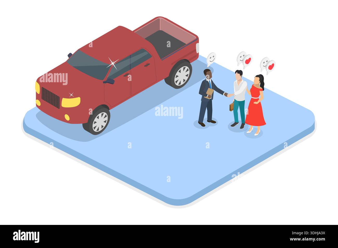 Illustrazione piatta isometrica 3D della dimostrazione di un'auto, Manager che mostra le vetture in coppia. Foto Stock