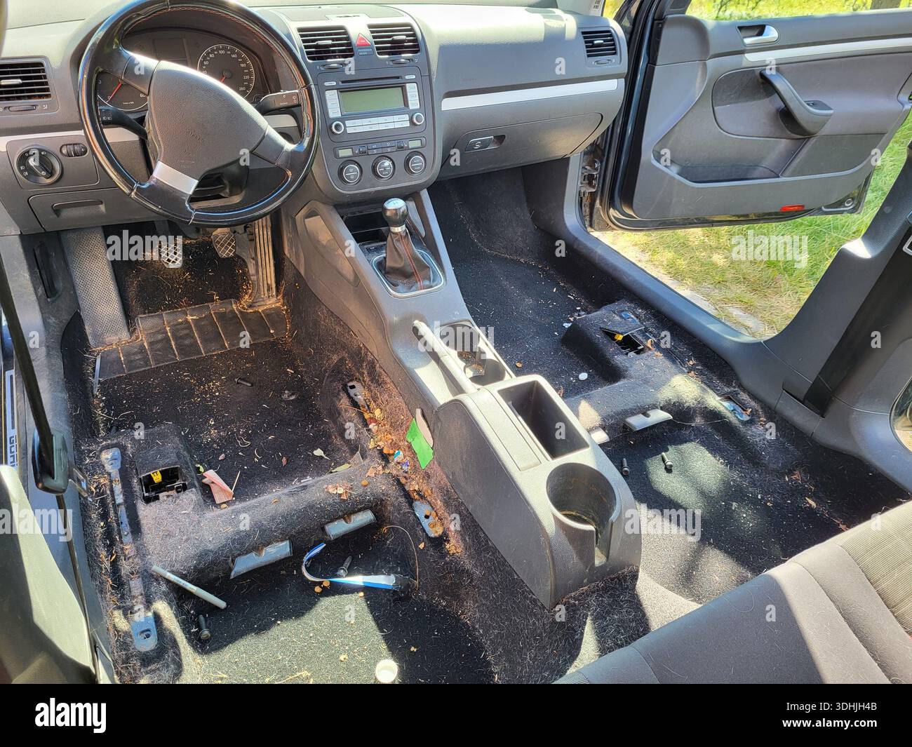Servizi professionali di lavaggio a secco degli interni delle auto: Interni estremamente sporchi coperti di sporcizia e pellicce di animali Foto Stock