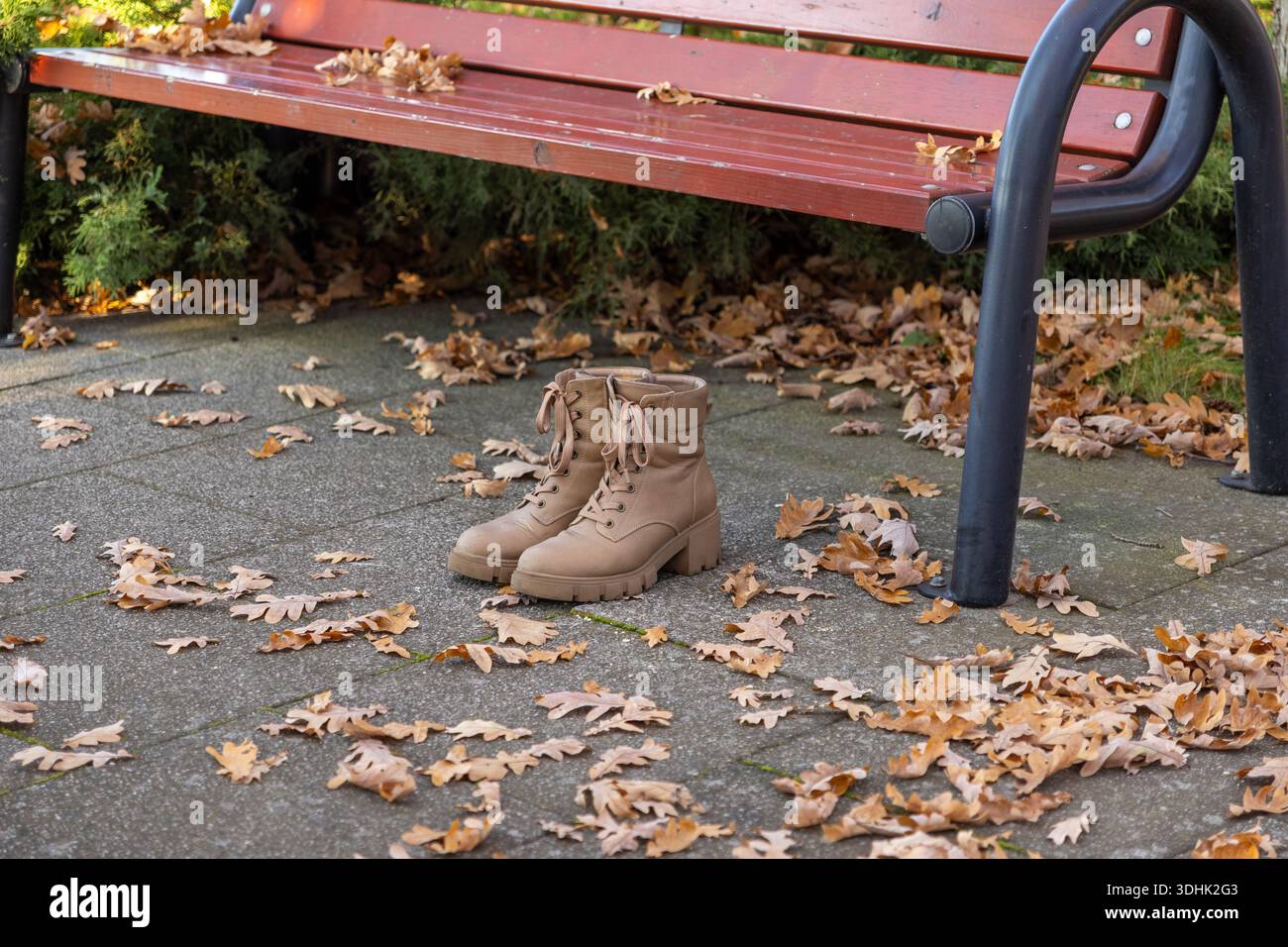 Stivali autunnali con lacci marrone chiaro su un sentiero di cemento, circondati da foglie cadute secche vicino a una panchina in legno del parco, ideali per un'accogliente moda autunnale Foto Stock