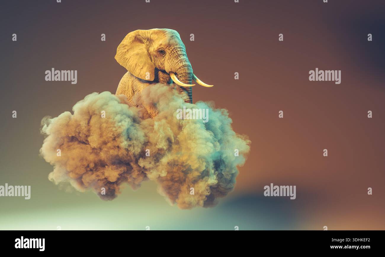Testa di elefante che emerge dal cloud 3d. Foto Stock