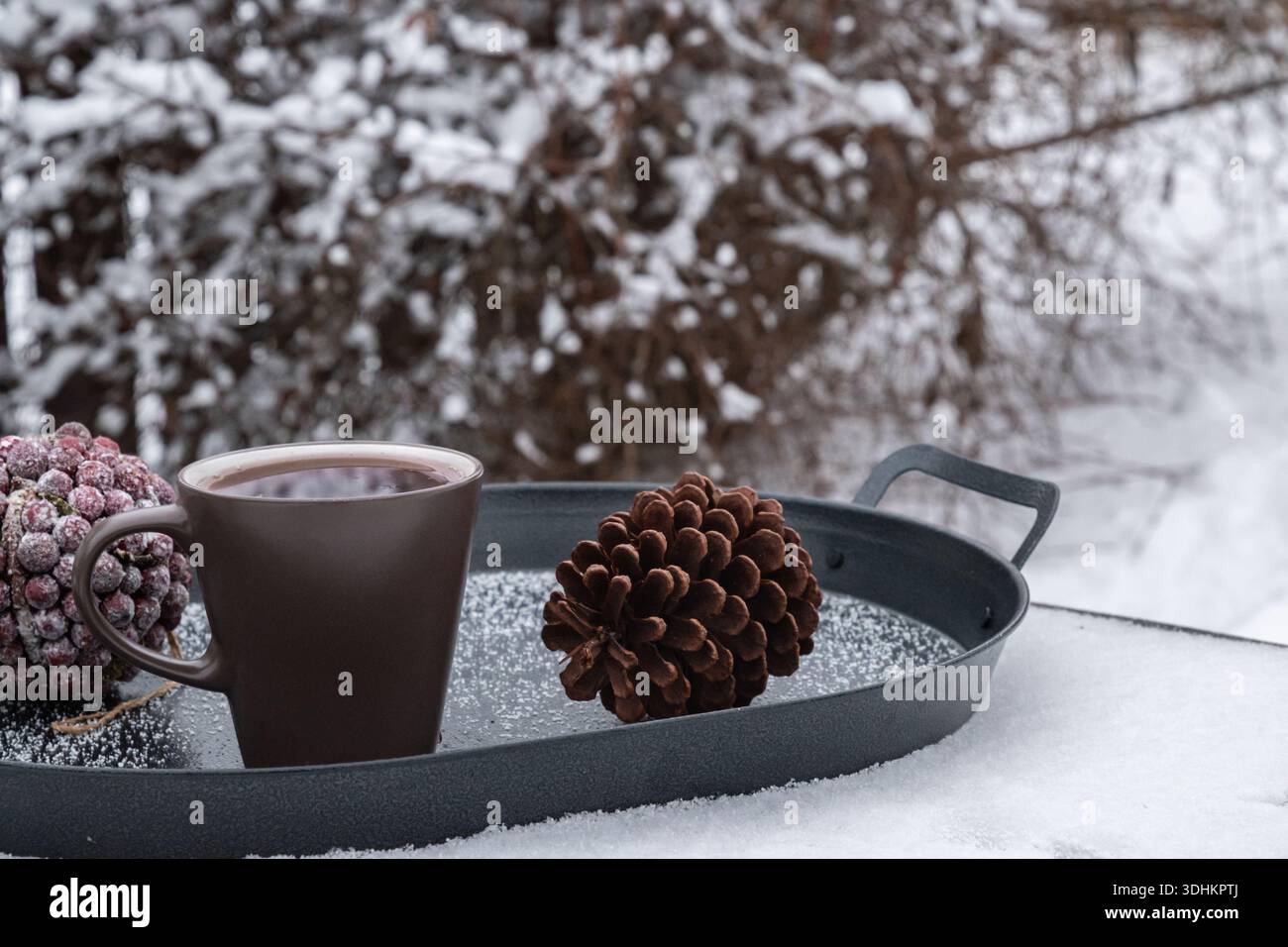 Tazza per bevande calde con pinecone e frutti di bosco congelati sul vassoio nella neve, accogliente natura morta invernale all'aperto Foto Stock