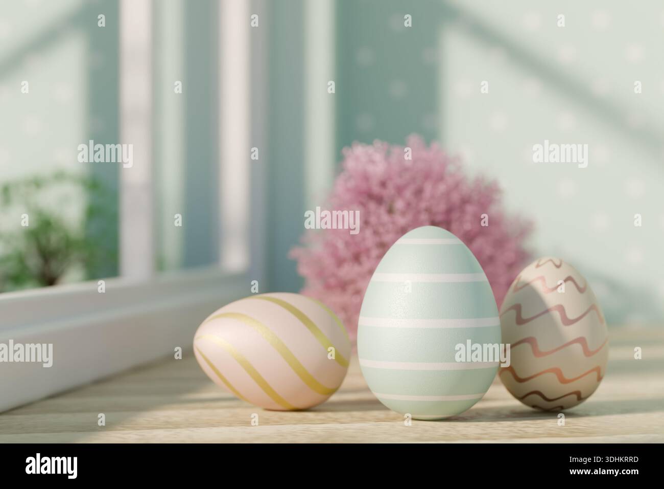 Tre uova di Pasqua pastello con strisce e zigzag si siedono su un tavolo di legno vicino a una finestra con dietro un fiore rosa. rendering 3d. Foto Stock