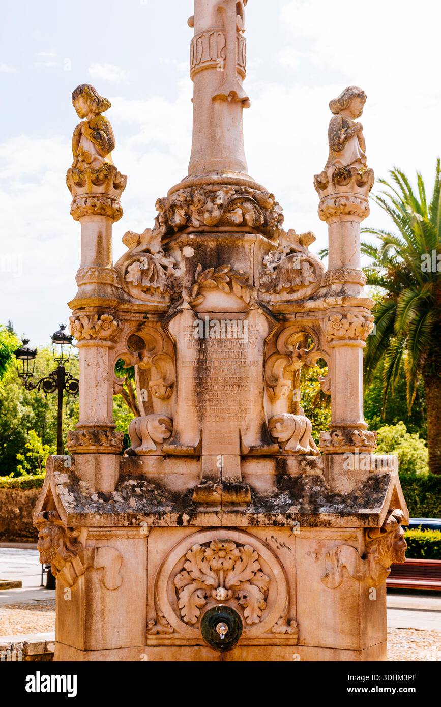 Dettagli. Fontana a tre tubi - Fuente de los tres caños. Fontana monumentale modernista progettata dall'architetto catalano Lluís Domènech i Montaner. Co Foto Stock