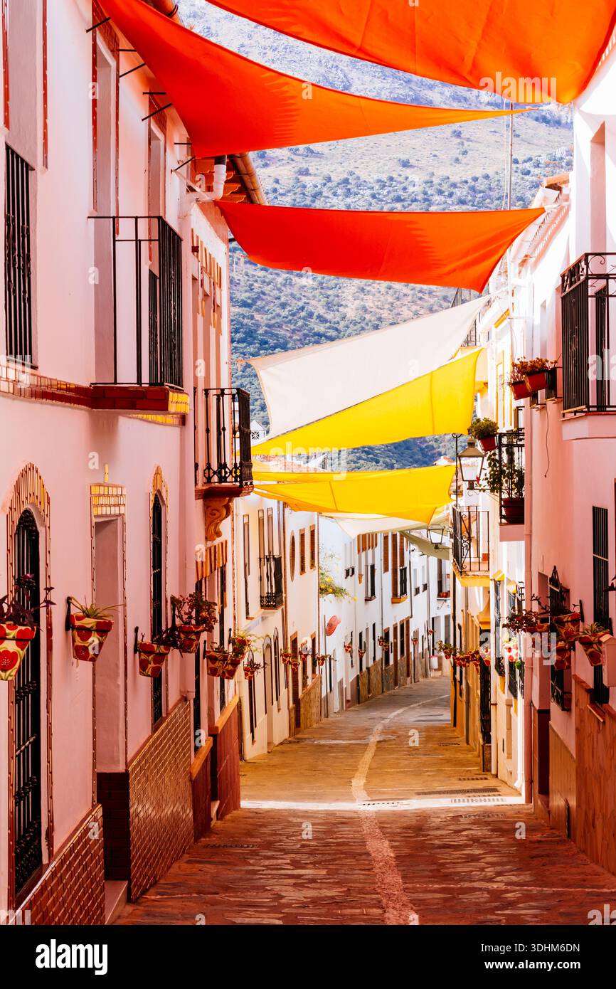Strada stretta a Jimera de Líbar, coperta di tende da sole in estate. Jimera de Líbar, Sierra de Ronda, Málaga, Andalucía, Spagna, Foto Stock