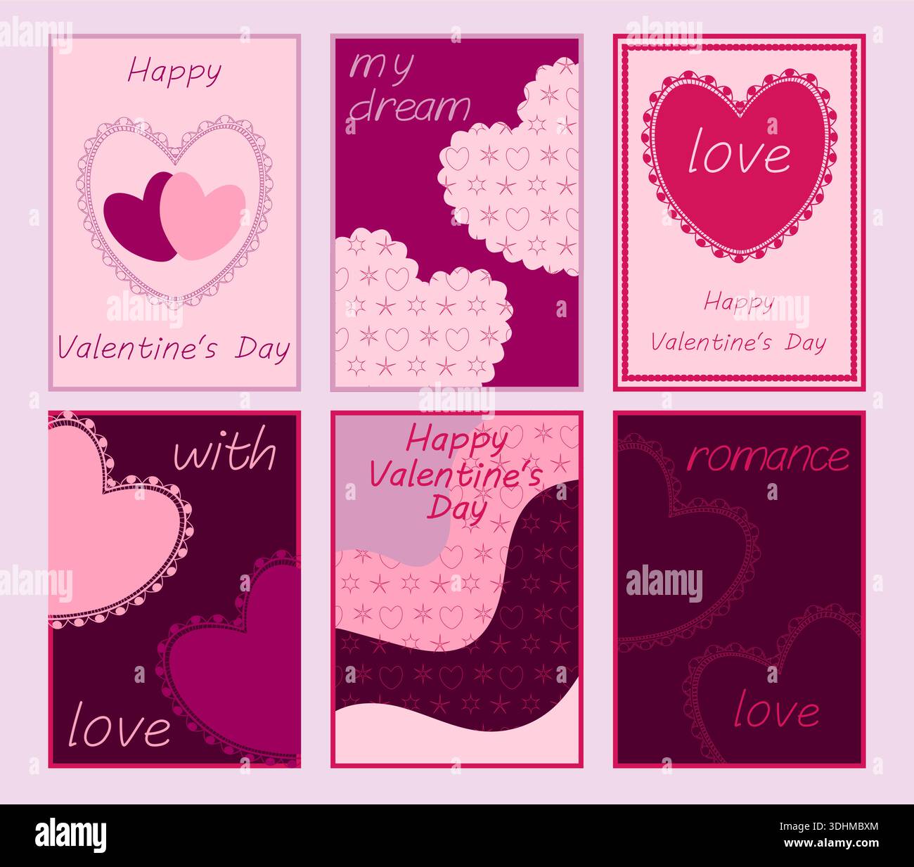 Un set di sei biglietti di San Valentino con iscrizioni romantiche. Ideale per poster, cartoline, pubblicità e vendite. Illustrazione Vettoriale