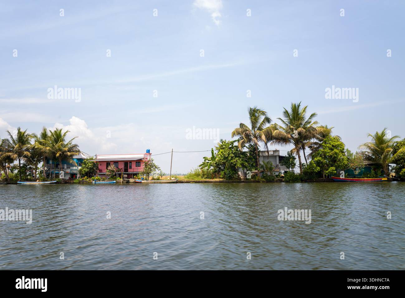 Alappuzha, India - 6 marzo 2023: Diverse case lungo il fiume con esterni colorati e palme circostanti sono visibili lungo le acque secondarie sotto un cielo limpido. Foto Stock
