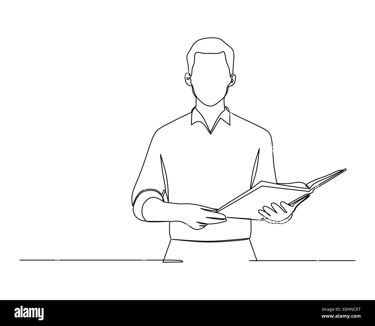 Illustrazione continua della line art di un uomo che tiene un libro aperto, simboleggia concetti di educazione, lettura e acquisizione di conoscenze in un minimalista Illustrazione Vettoriale