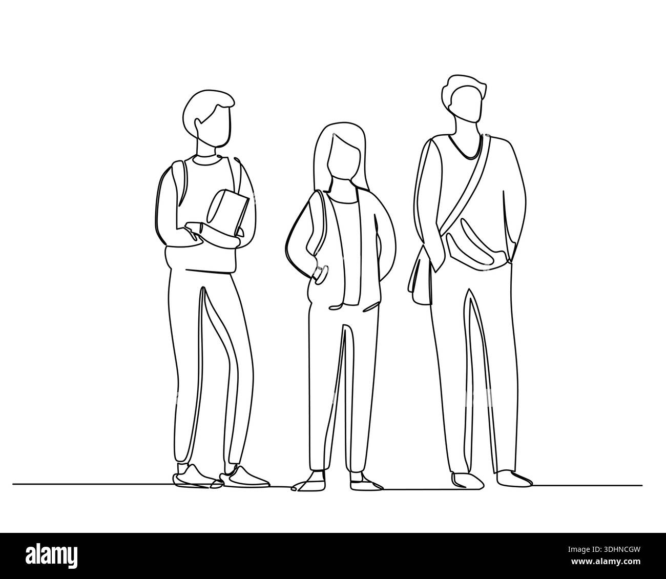 Illustrazione continua con tre giovani studenti diversi, uno con un libro e l'altro con una borsa Messenger, in piedi insieme Illustrazione Vettoriale