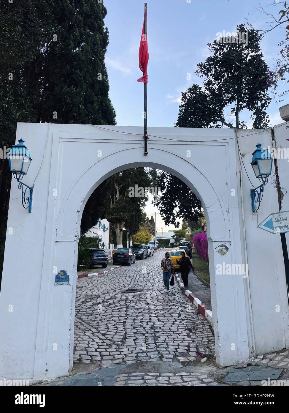 Righe audaci e porte vivaci: Una porta classica porta porta porta nel cuore del fascino culturale di Sidi Bou Said, 7 dicembre 2025 Foto Stock