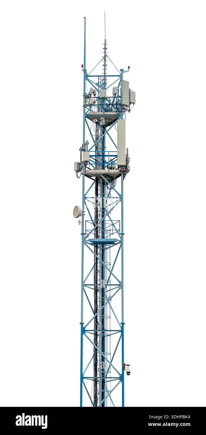 Estremità superiore di una torre cellulare isolata sul retro bianco Foto Stock