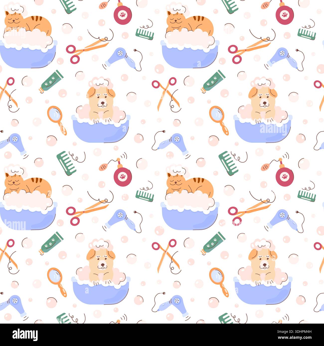 Grazioso motivo senza cuciture per il salone di cura degli animali domestici. Gatti e cani fanno il bagno in una vasca da bagno con schiuma, bolle di sapone e accessori come forbici, spazzole, zampe e shampoo. Salone di bellezza per animali domestici, cura del corpo. Illustrazione Vettoriale