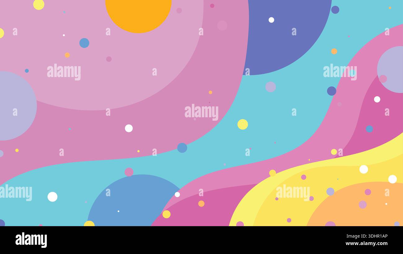 vibrante carta da parati astratta onde dai colori pastello fluide e pois sparsi in una divertente composizione onirica di rosa blu e giallo per creare una gioia Illustrazione Vettoriale
