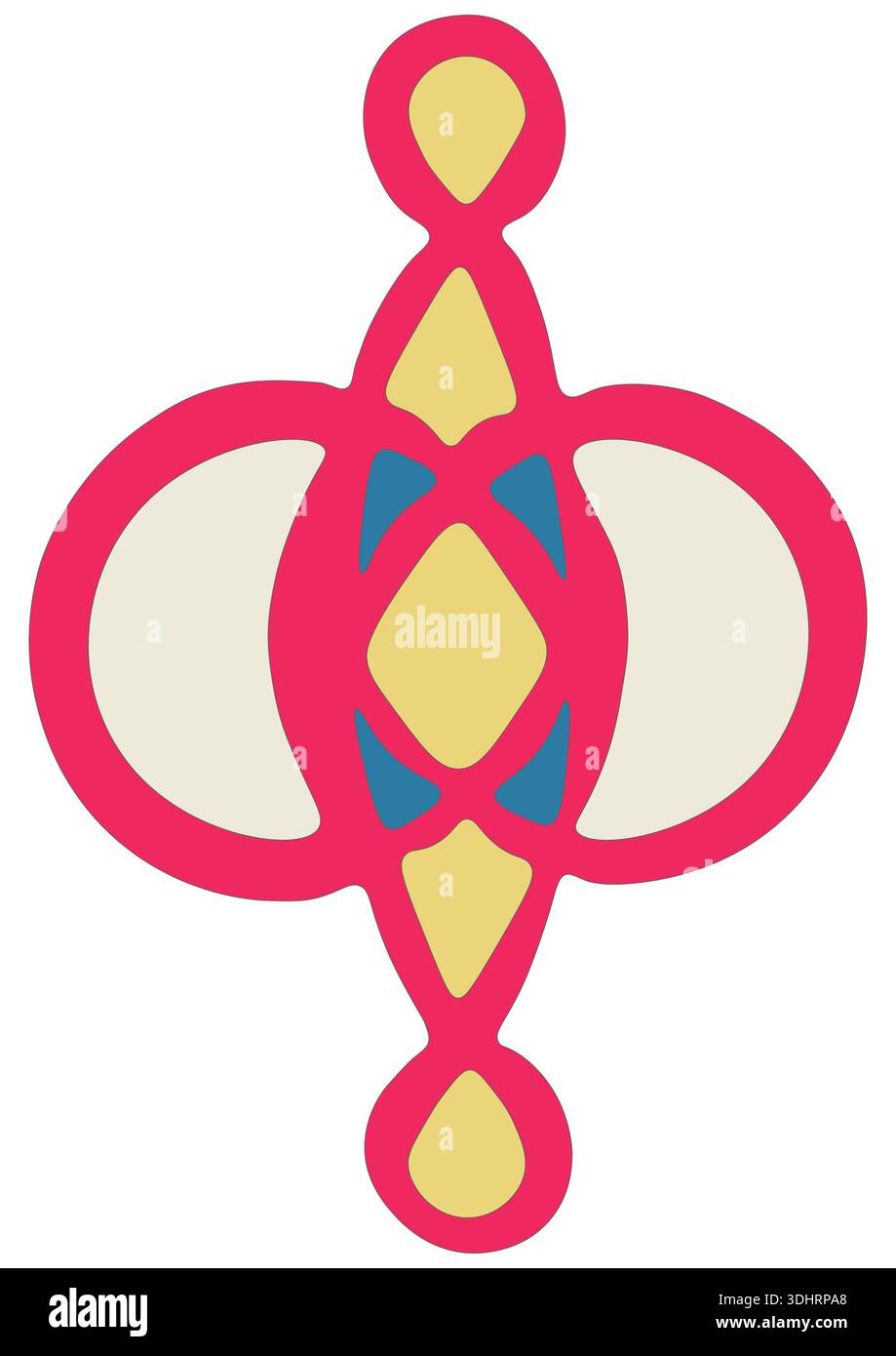 Simbolo geometrico simmetrico bilanciato con curve rosse interconnesse, triangoli blu e campi interni giallo-oro ispirati alla tradizionale f Foto Stock