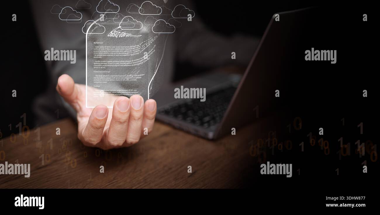 Concetto di ufficio senza carta. documento digitale con le icone delle nuvole sopra la mano. Tecnologia di cloud computing, archiviazione e condivisione di file, flusso di lavoro documentale per bu Foto Stock