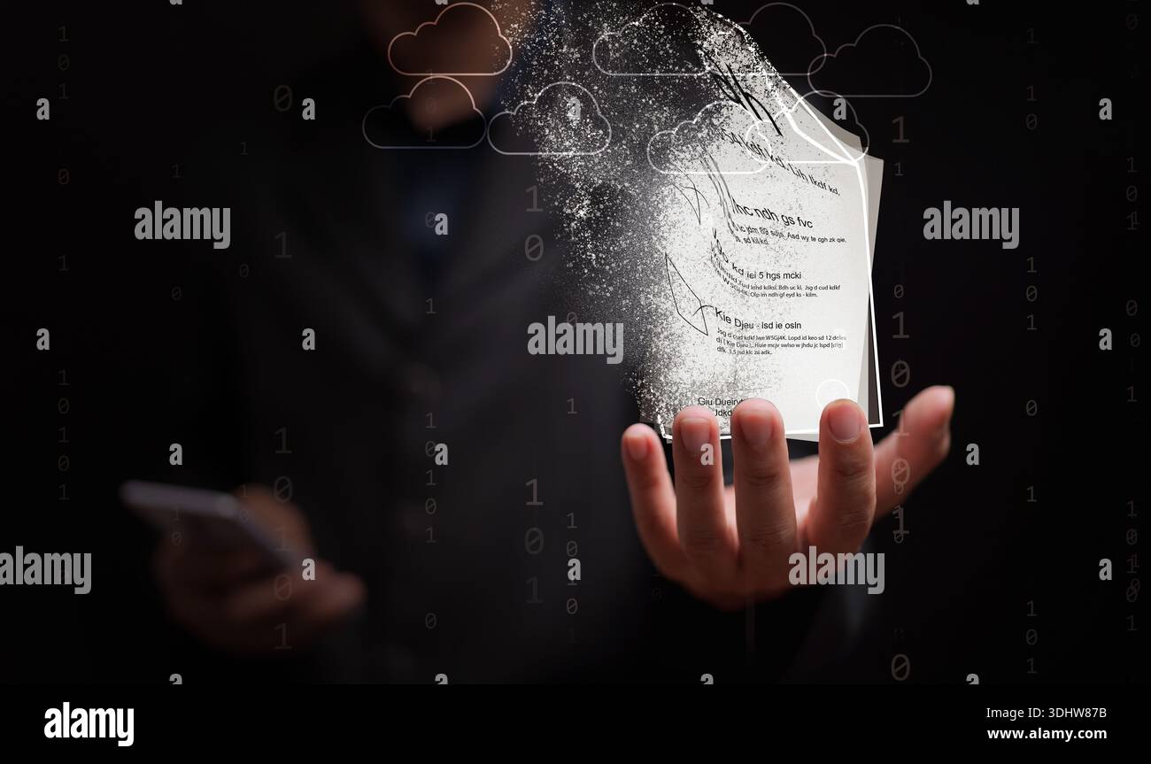 Il documento cartaceo si dissolve in particelle di pixel digitali che caricano sul sistema cloud. Ufficio senza carta, flusso di lavoro documentale, archiviazione cloud computing, bus Foto Stock