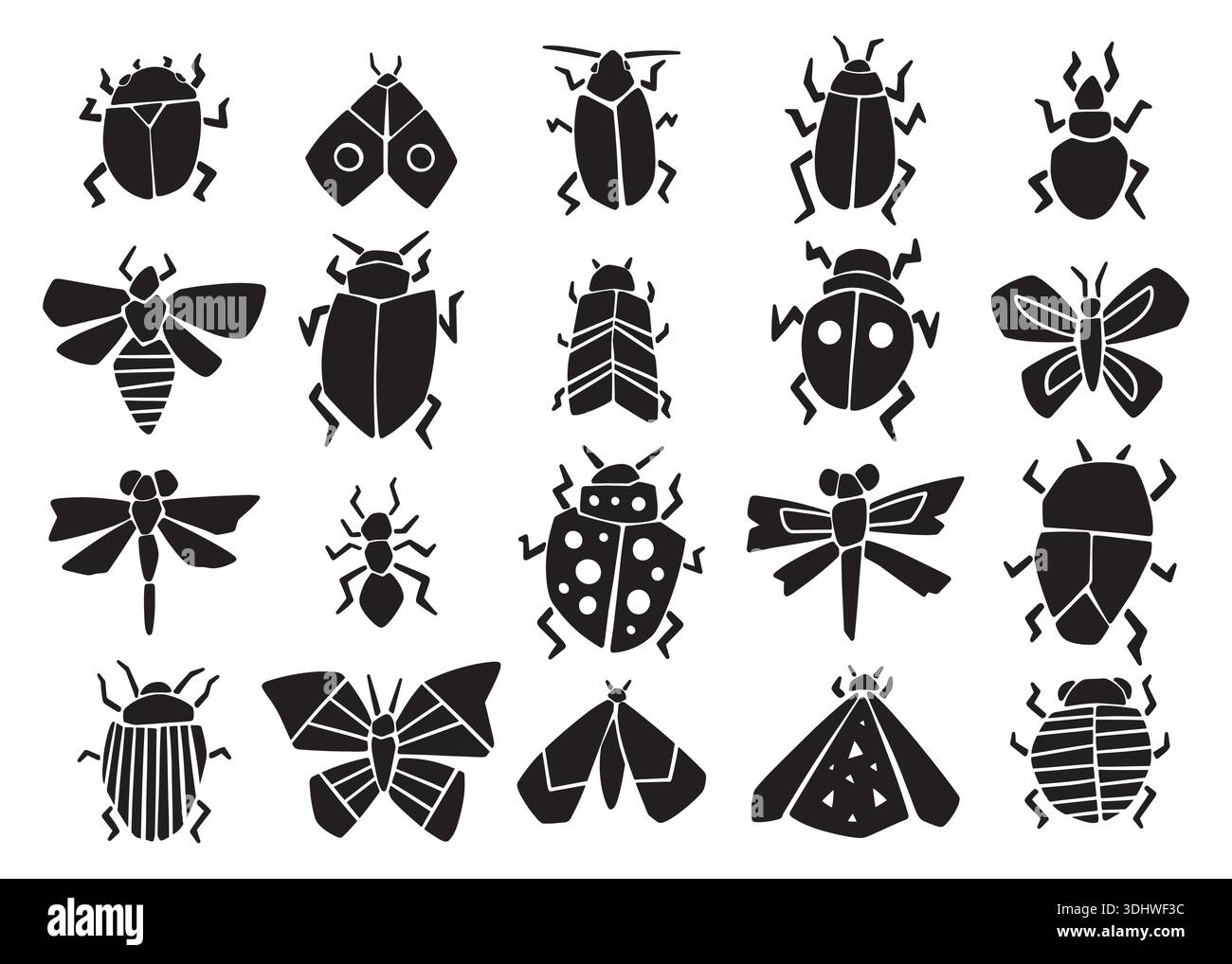Grazioso set di raccolta di insetti da giardino stilizzati. Set di illustrazioni vettoriali per la silhouette del doodle per il web, il design di t-shirt e altri usi per il design grafico Illustrazione Vettoriale