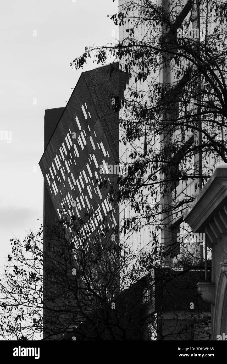 Edificio moderno con alberi in bianco e nero Foto Stock