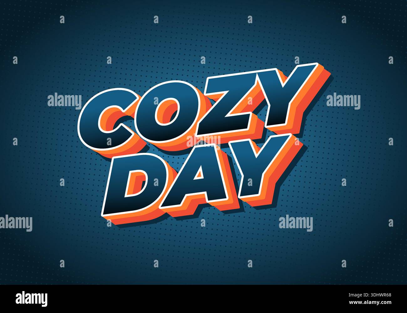 Un design grafico con le parole Cozy Day in audace e colorata tipografia su sfondo blu scuro Illustrazione Vettoriale