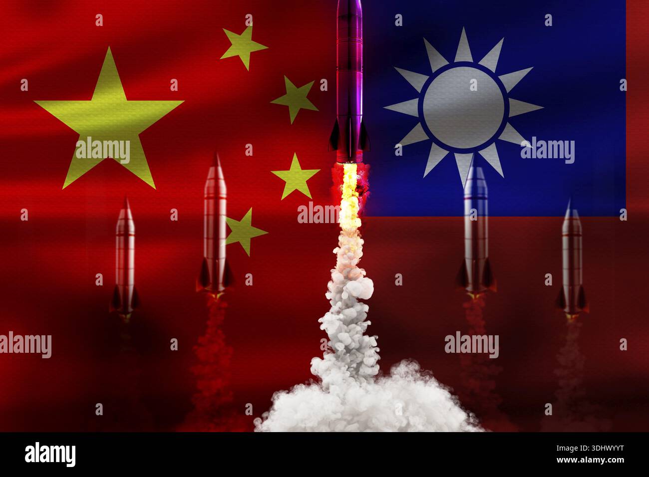 Tensione tra Cina e Taiwan. Bandiere della Cina e di Taiwan con razzi in decollo Foto Stock