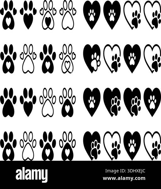 Sottile sfondo scuro con contorni ripetuti di impronte di zampe e cuori, che simboleggiano l'affetto e la cura degli animali in un motivo grafico. Illustrazione Vettoriale