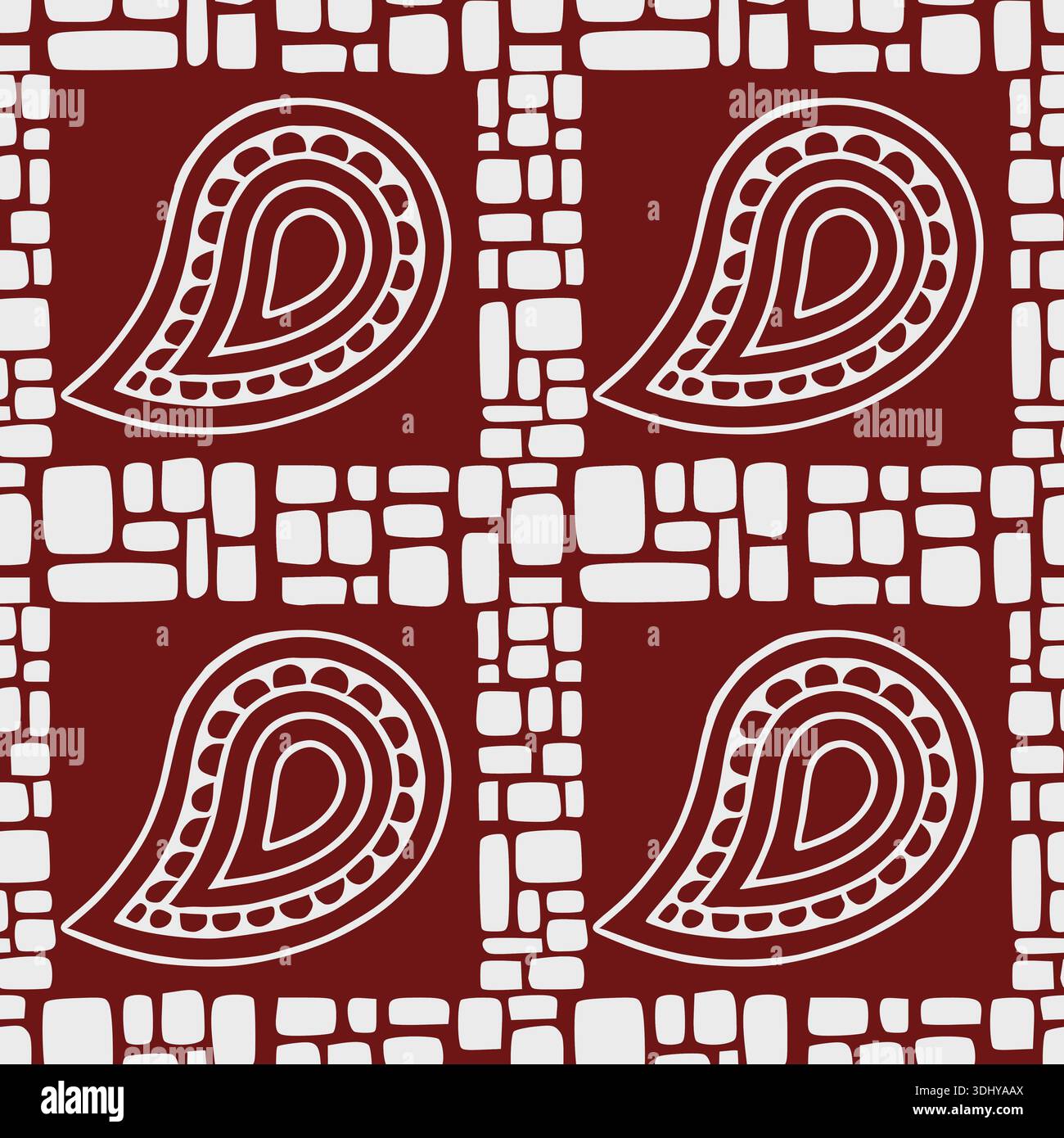 Illustrazione vettoriale con motivo paisley e mattoni senza cuciture in rosso e bianco Illustrazione Vettoriale