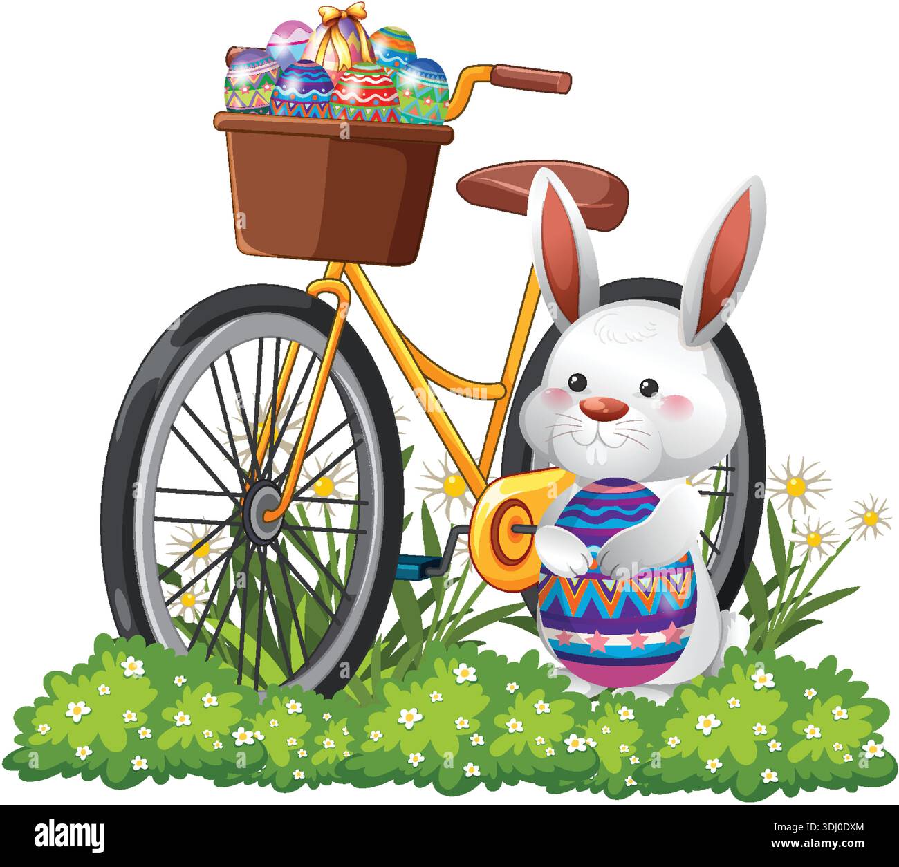 Il coniglio bianco di cartoni animati tiene l'uovo accanto alla bicicletta gialla con un cestello su sfondo bianco illustrazione vettoriale Illustrazione Vettoriale