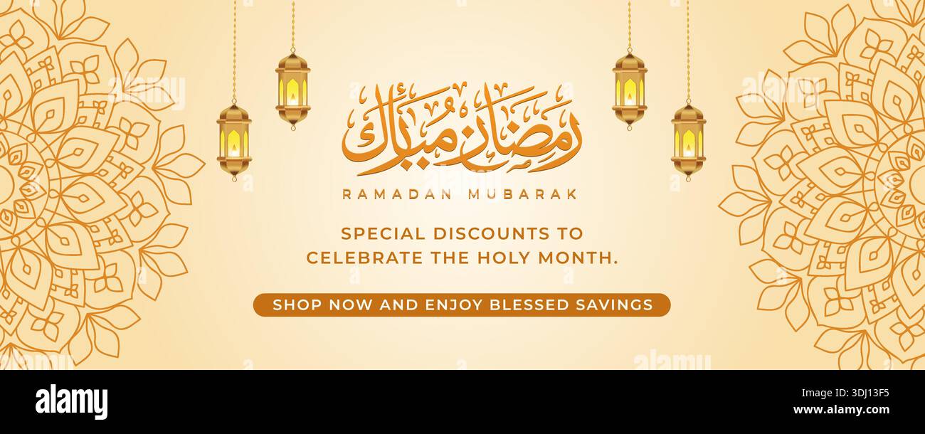 Striscione islamico promozionale Ramadan Mubarak con lanterne arabe calligrafiche e messaggio di offerta speciale Illustrazione Vettoriale