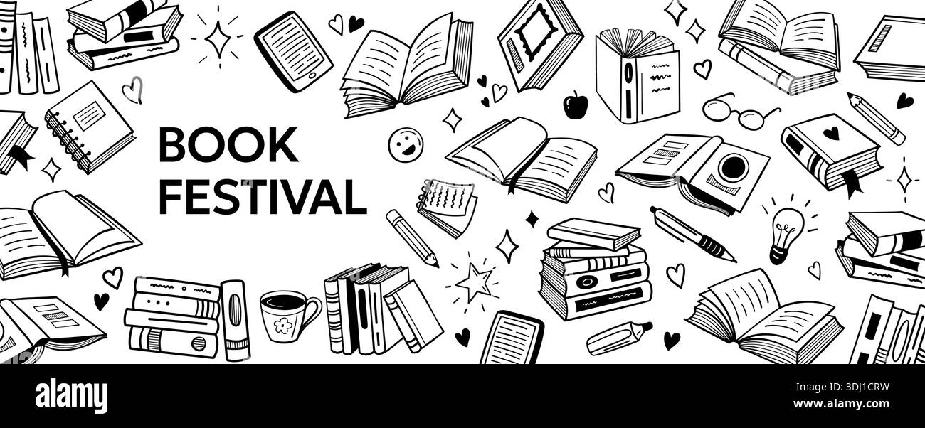Manifesto per il festival del libro con icone della biblioteca e copertine per la lettura di banner per eventi di letteratura, volantini scolastici e progetti promozionali per librerie. Disegnato a mano Illustrazione Vettoriale