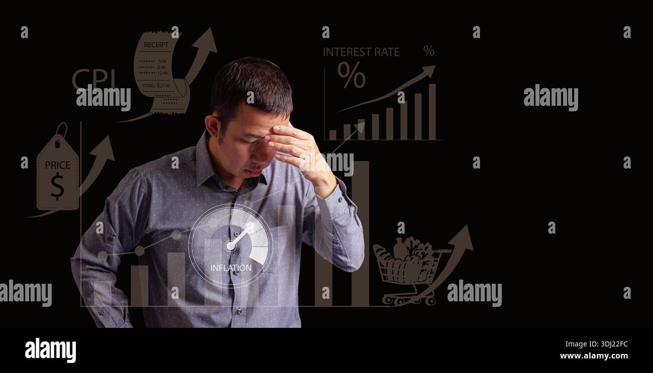 L'uomo preoccupato ha sottolineato l'aumento dei tassi di interesse e l'aumento dei prezzi al consumo. Pressione economica, onere finanziario derivante dalla tendenza globale all'inflazione, stress, Foto Stock