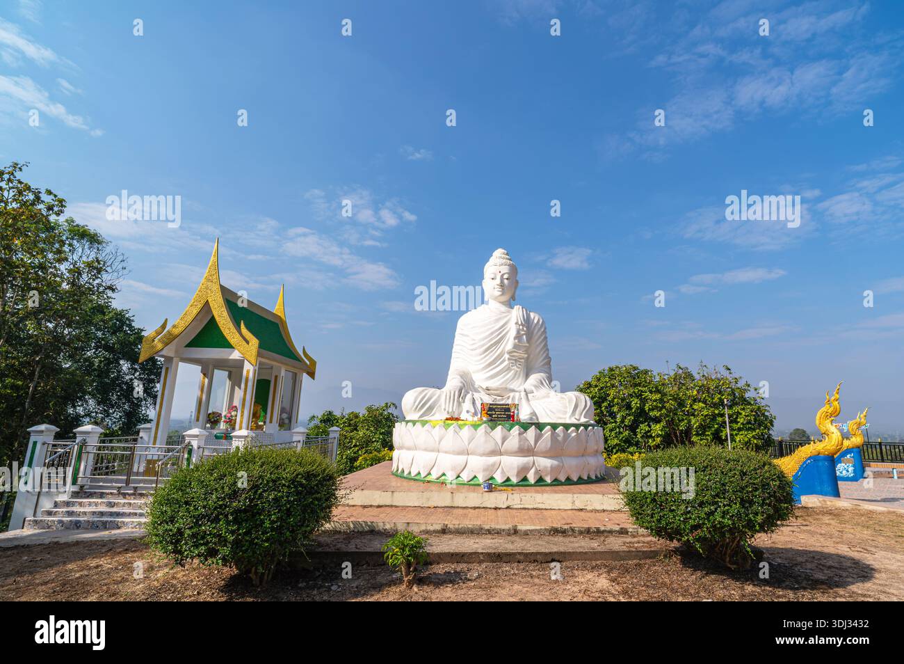 MUANG, PHAYAO, TAILANDIA - 24 GENNAIO 2026: Wat Phrathat Pong Kham, Una serena statua bianca di Buddha si erge maestosamente, circondata da una vegetazione lussureggiante Foto Stock