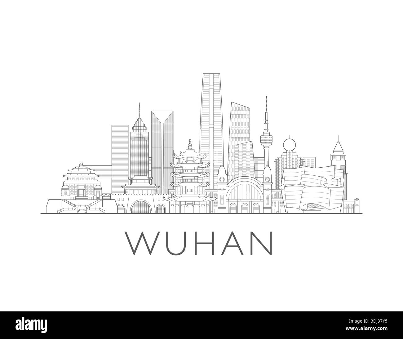 Skyline di Wuhan, Cina. Paesaggio urbano con luoghi di interesse e monumenti. Illustrazione dello skyline digitale disegnata a mano. Foto Stock