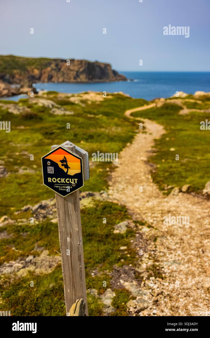 Cartello Rockcut lungo Spiller's Cove Trail a Twillingate, Terranova, Canada Foto Stock
