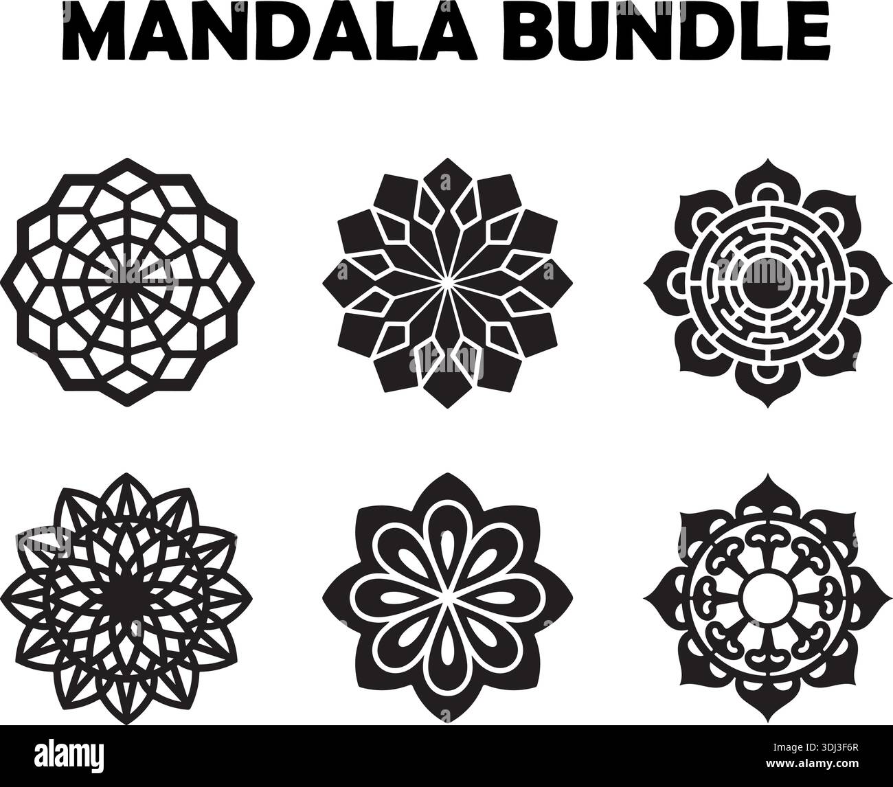 Set di fiori con silhouette Mandala elementi decorativi decorativi geometrici floreali neri Illustrazione Vettoriale