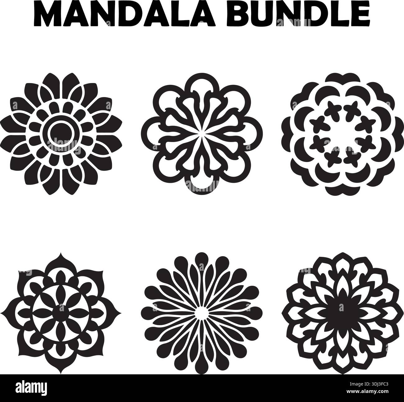 Set di fiori di silhouette Vector Mandala decorativi geometrici floreali neri Illustrazione Vettoriale