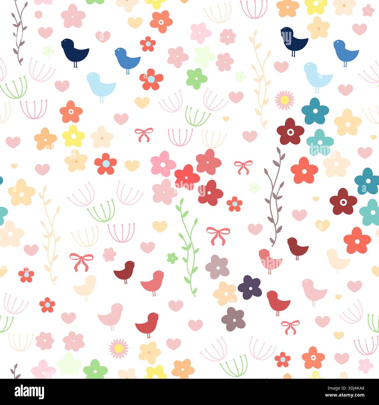 Uccelli e fiori carini. Design a molla senza cuciture Illustrazione Vettoriale