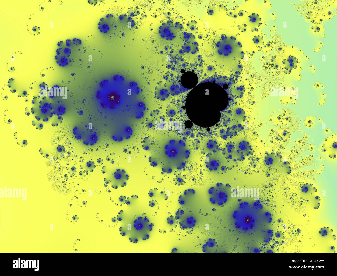 Frattale che mostra motivi auto simili con colori giallo, blu, verde e nero Foto Stock