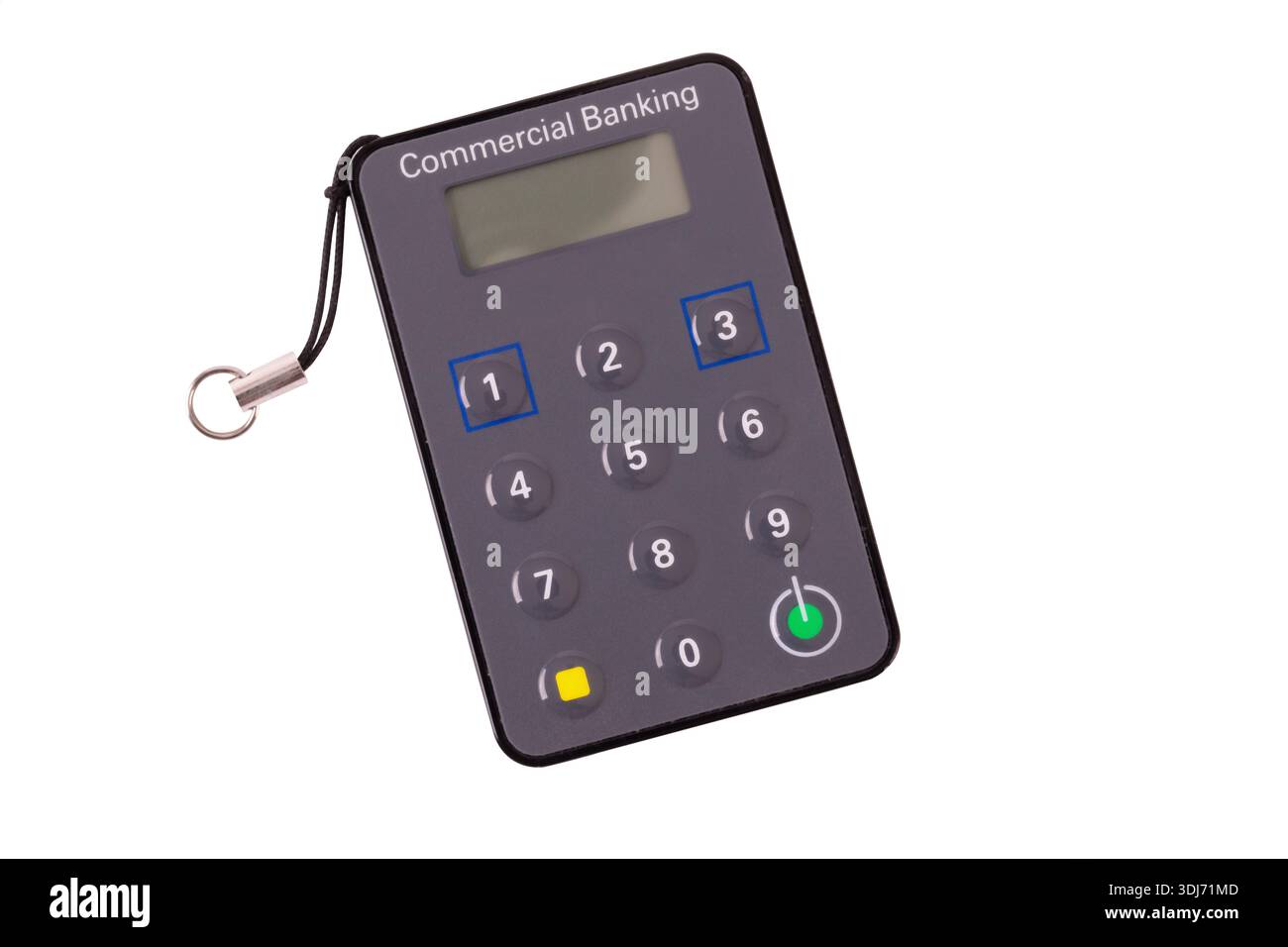 Keycard per banche di sicurezza digitali con tastiera e display digitale su sfondo bianco isolato. Utilizzato per l'accesso remoto sicuro ai dati online Foto Stock