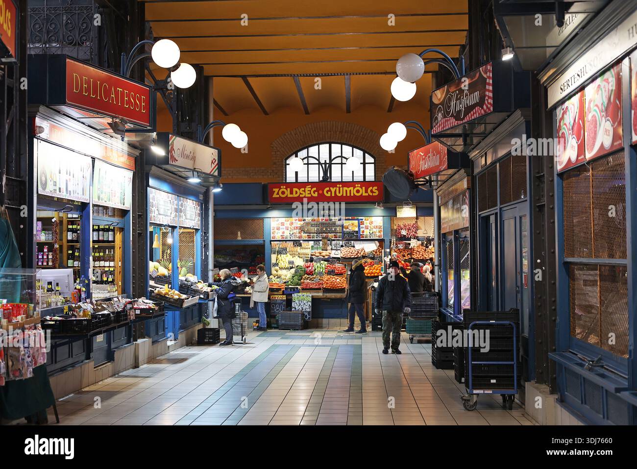 All'interno del famoso mercato coperto di Budapest, in Ungheria, che mette in mostra prodotti freschi e prelibatezze locali presso le bancarelle del mercato locale Foto Stock