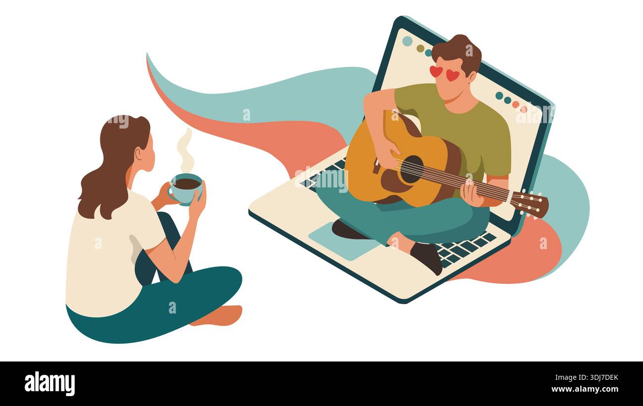 Illustrazione della videochiamata di coppia digitale a lunga distanza per San Valentino, romanticismo moderno a lunga distanza e connessione virtuale di San Valentino. Illustrazione Vettoriale