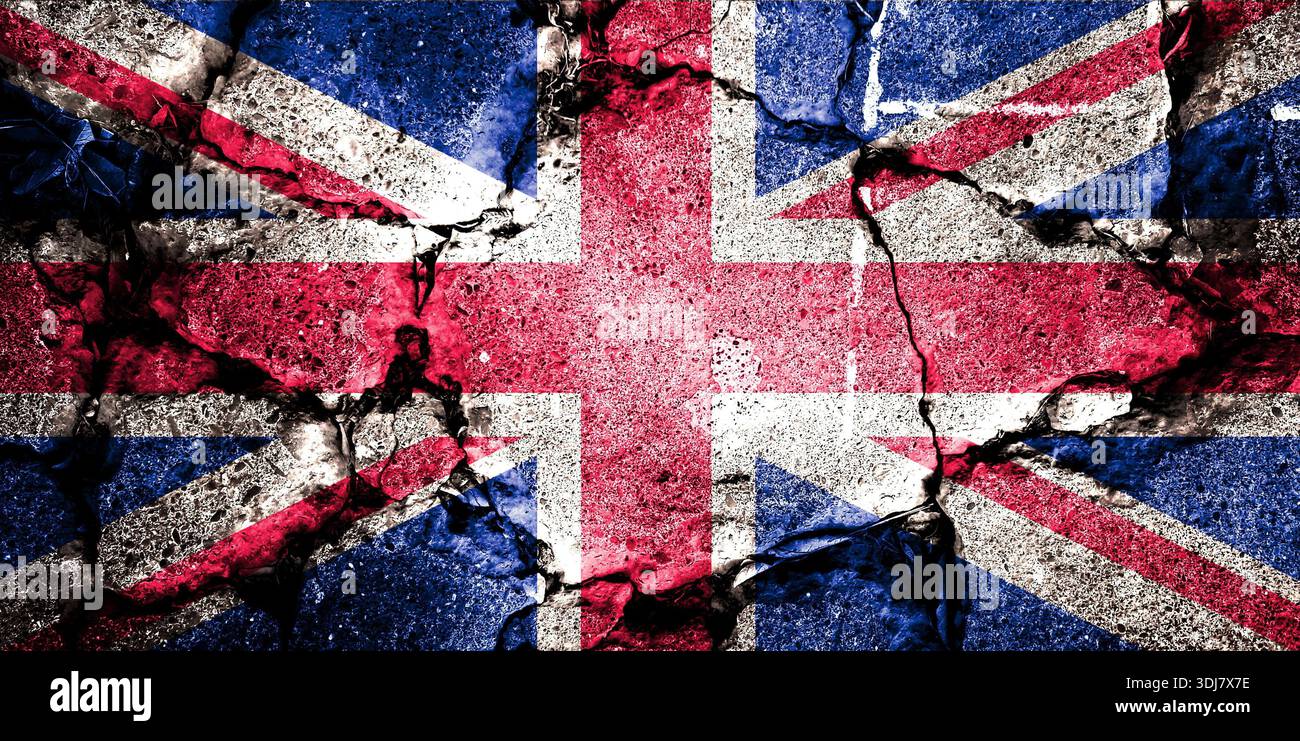 La Union Jack è stata esposta diverse volte. Utilizzare come mappa di base o sfondo. Ologramma creativo a doppia esposizione. Foto Stock