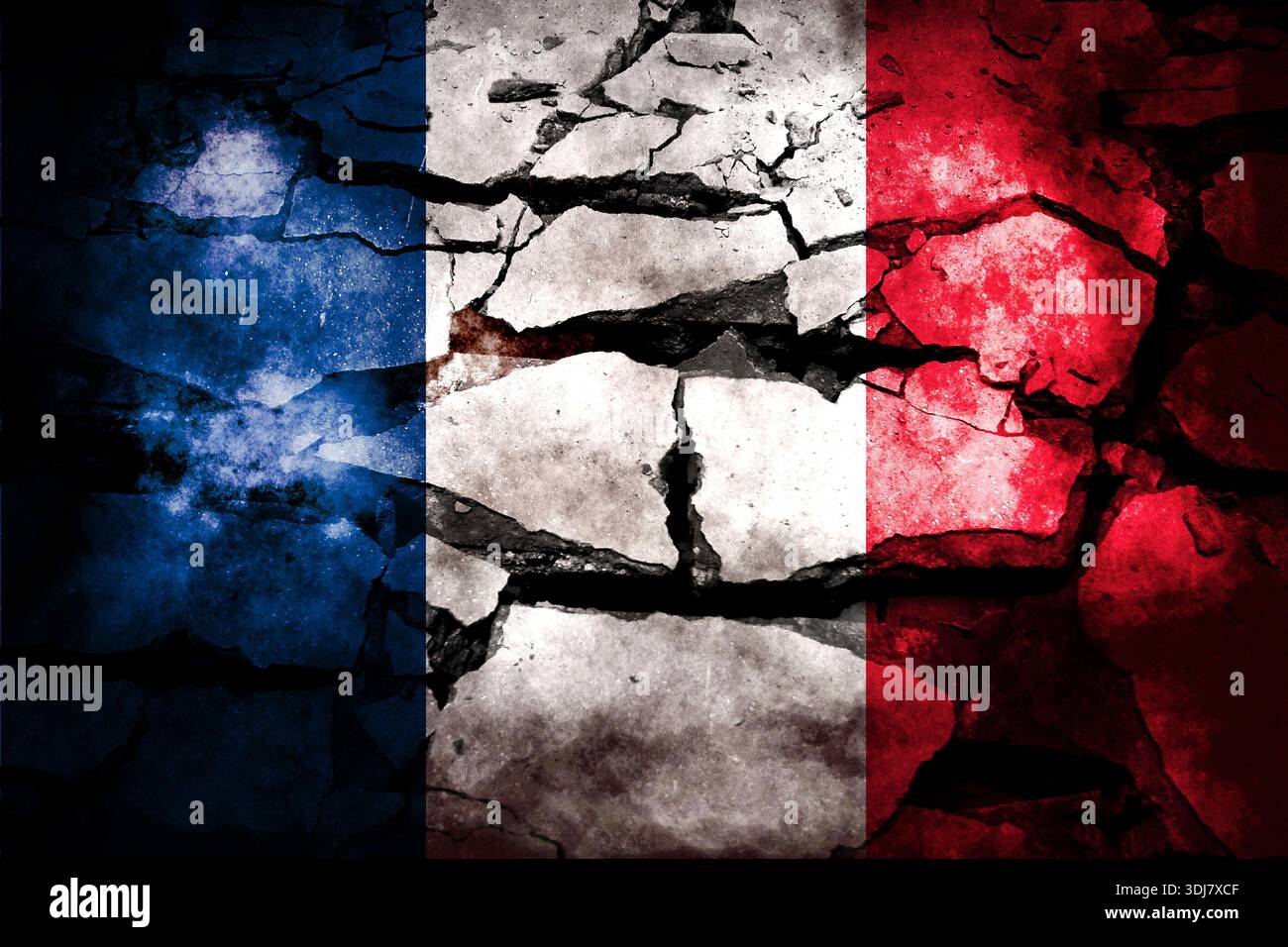 La bandiera francese è stata esposta diverse volte. Utilizzare come mappa di base o sfondo. Ologramma creativo a doppia esposizione. Foto Stock