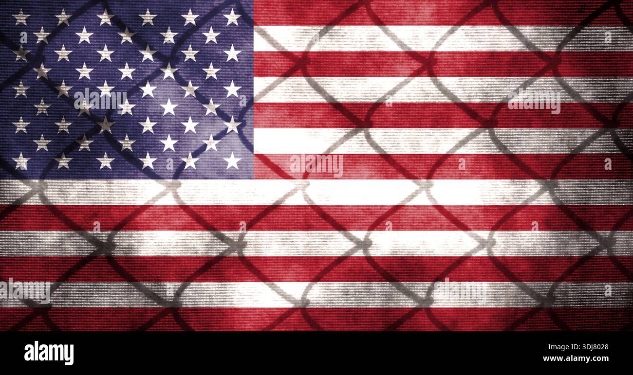 Bandiera americana come immagine concettuale fatta di motivi. Mappa di base e concetto di sfondo. Immagine olografica a doppia esposizione. Per notizie o per l'uso sul Web. Foto Stock